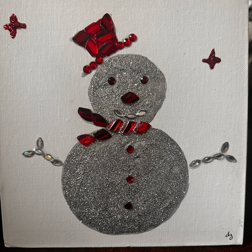 Hand crafted Glittering Silver and Red Snowman Canvas Decor